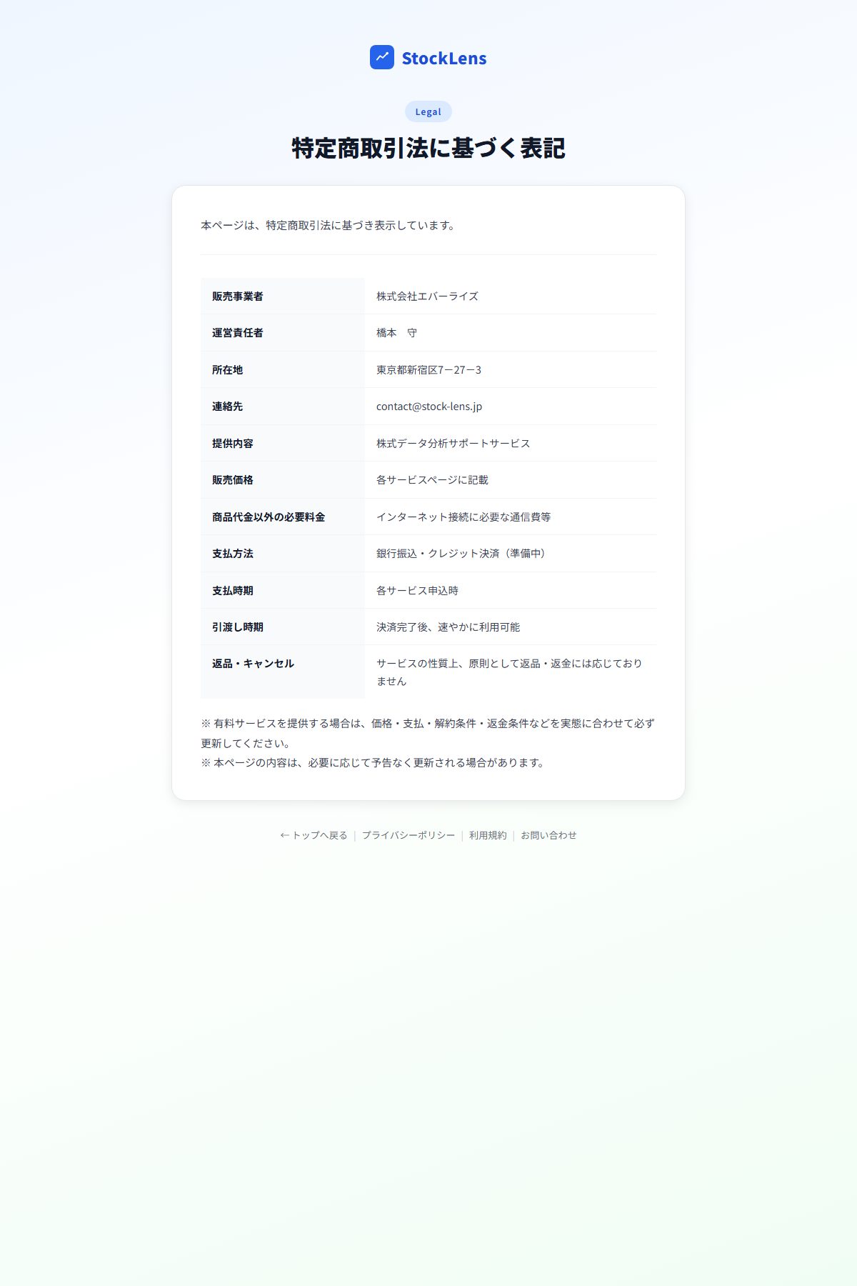 Stock Lens の特定商取引法に基づく表記。所在地は「東京都新宿区7-27-3」と表示され、電話番号の記載がない
