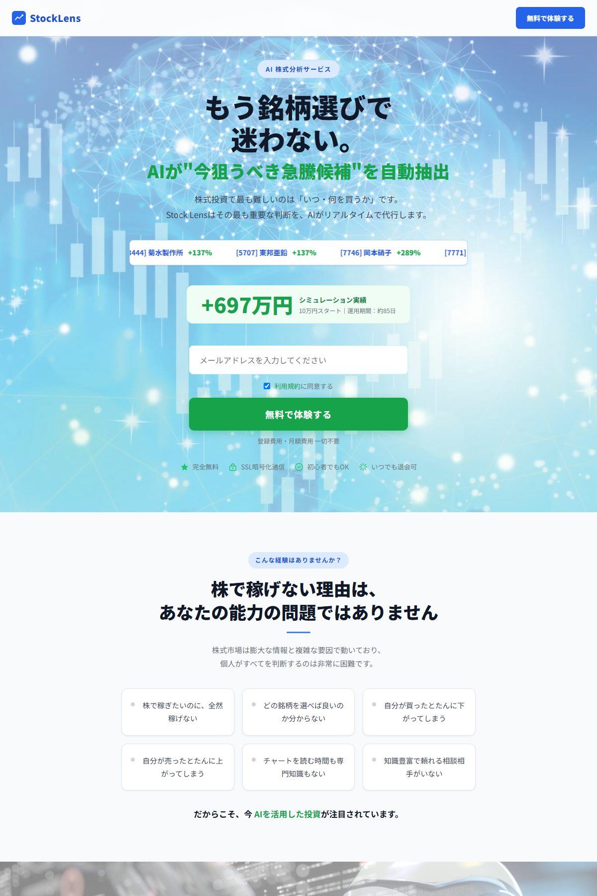 Stock Lens のトップページ。「+697万円 シミュレーション実績 10万円スタート/運用期間:約85日」と表示されている