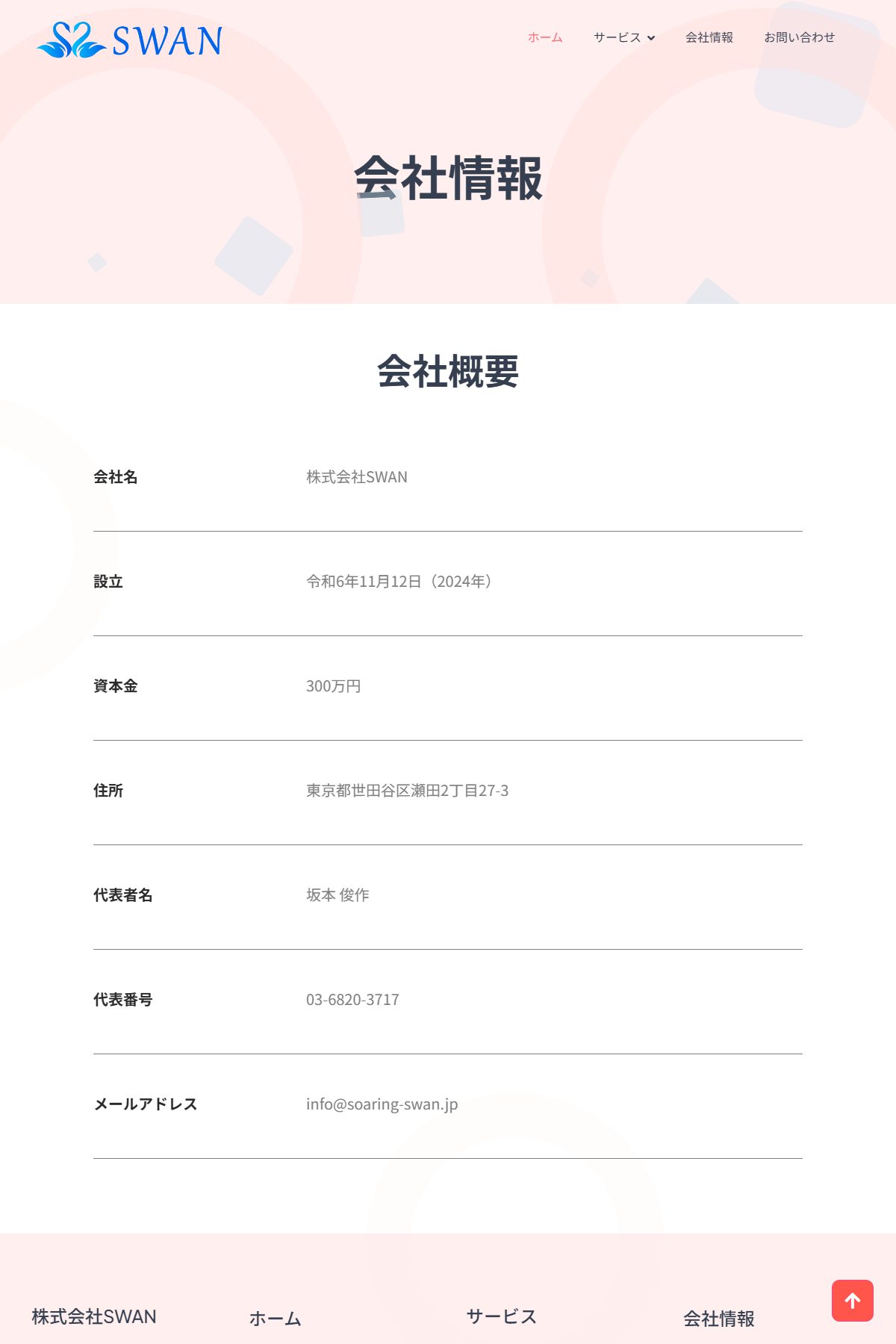 株式会社SWANの公式サイトの会社概要。設立は令和6年11月12日と記載されている