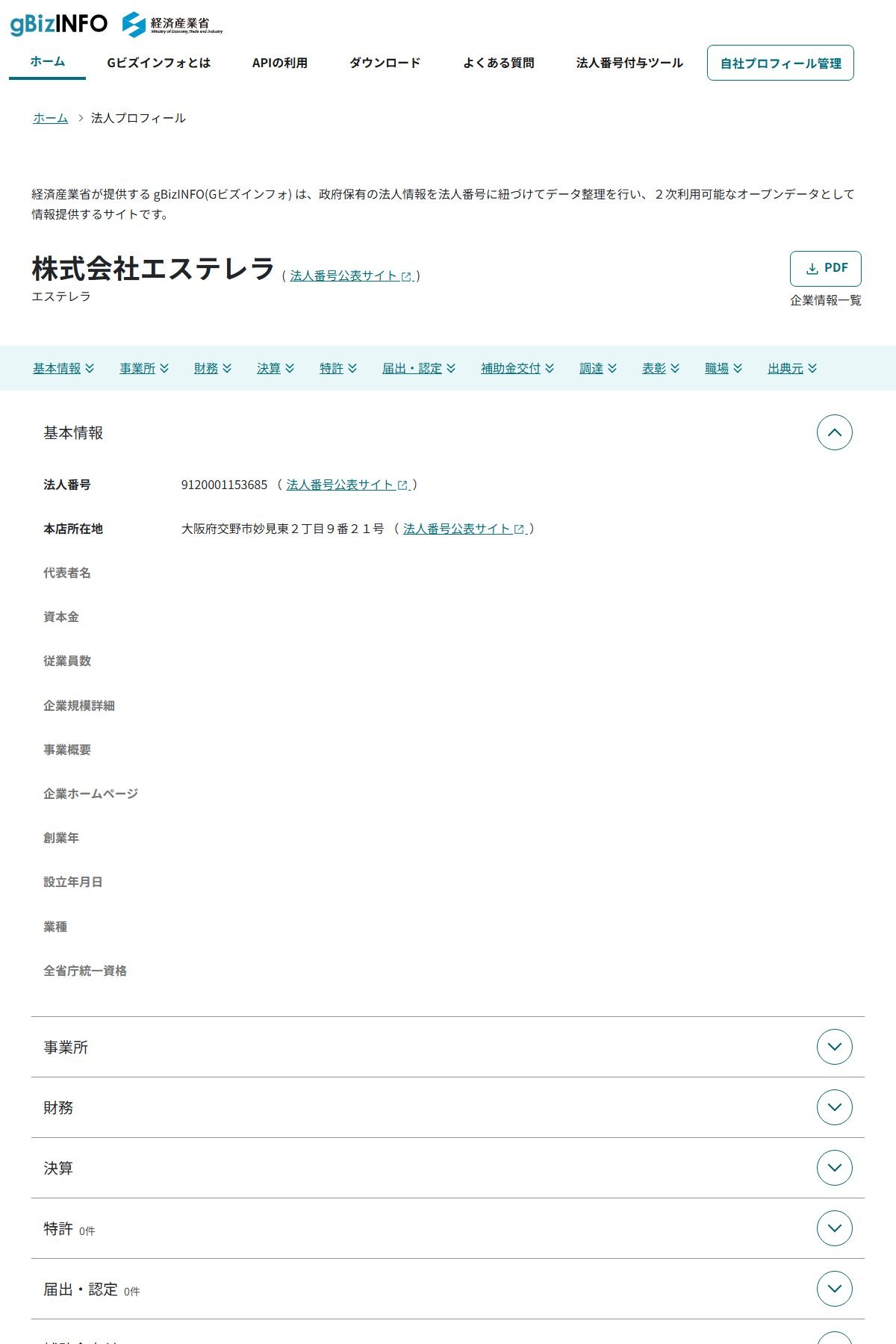 経済産業省が運営するgBizINFOの法人情報。株式会社エステレラは、法人番号と本店所在地だけが記載され、代表者名・資本金・従業員数・設立年月日はいずれも空欄。特許と届出・認定は0件。