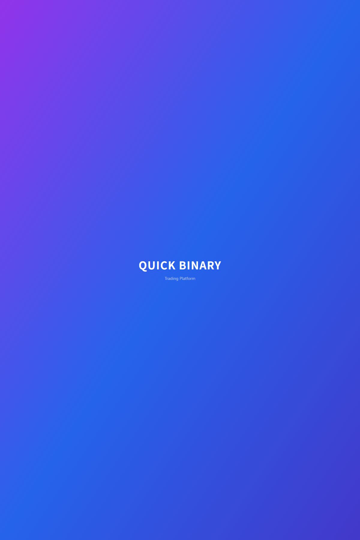 quickbinaryapp.comのトップページ。紫から青のグラデーションの背景に「QUICK BINARY」「Trading Platform」とだけ表示されている。
